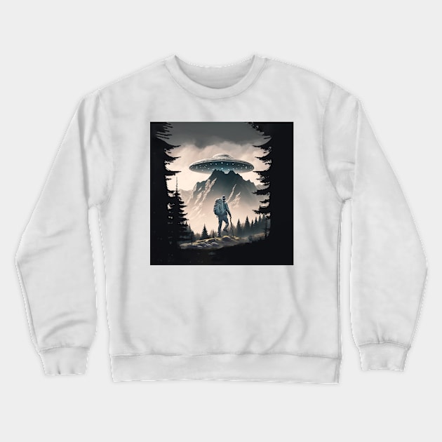 Hiker UFO Mountains Missing People Crewneck Sweatshirt by candiscamera